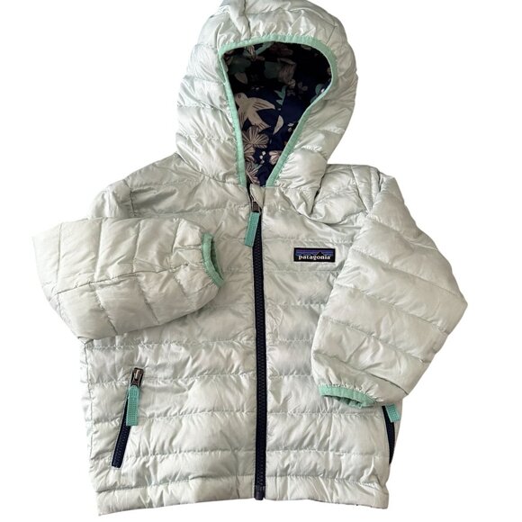Patagonia Child's Reversible Down Puffer Jacket Hood Blue Floral No Size Tag 2T - Picture 2 of 13